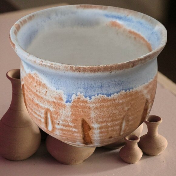 Handcrafted Ceramic Bowl Earthy Brown & Sky Blue Glaze Signed RB 2003 - Picture 3 of 4